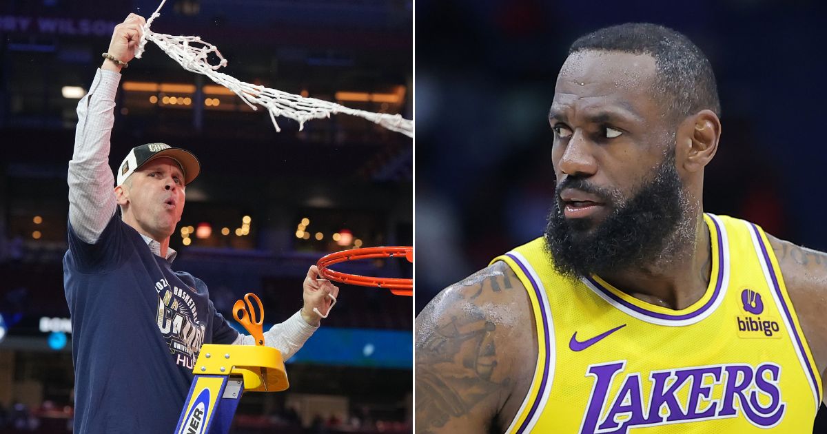 At left, UConn head coach Dan Hurley celebrates after cutting the net following a victory in the NCAA championship game over the Purdue Boilermakers at State Farm Stadium in Glendale, Arizona, on April 8. At right, LeBron James of the Los Angeles Lakers reacts during a play-in game against the New Orleans Pelicans at the Smoothie King Center in New Orleans on April 16.