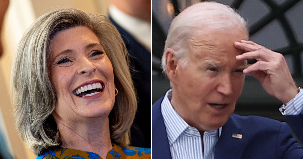 GOP Sen Sen. Joni Ernst of Iowa, left, made a comment about President Joe Biden, right, that some on social media are calling "the greatest hot mike ever!"