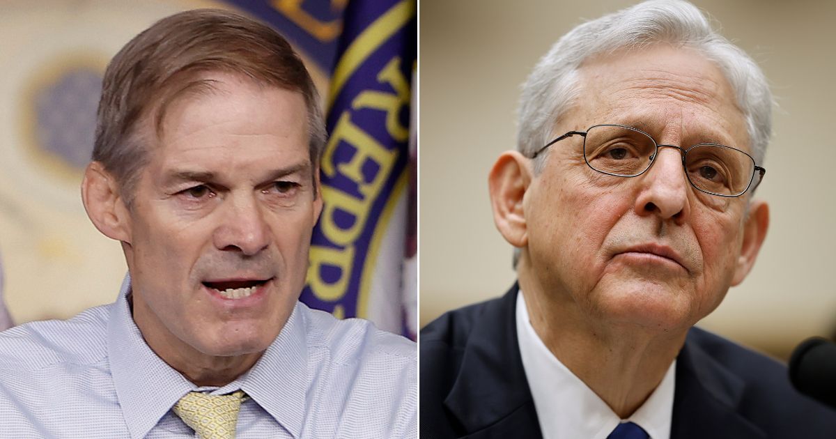 GOP Rep. Jim Jordan of Ohio, left, urged the House of Representatives Wednesday to hold Attorney General Merrick Garland, right, in contempt of Congress for refusing to provide audio recordings of interviews with President Joe Biden.