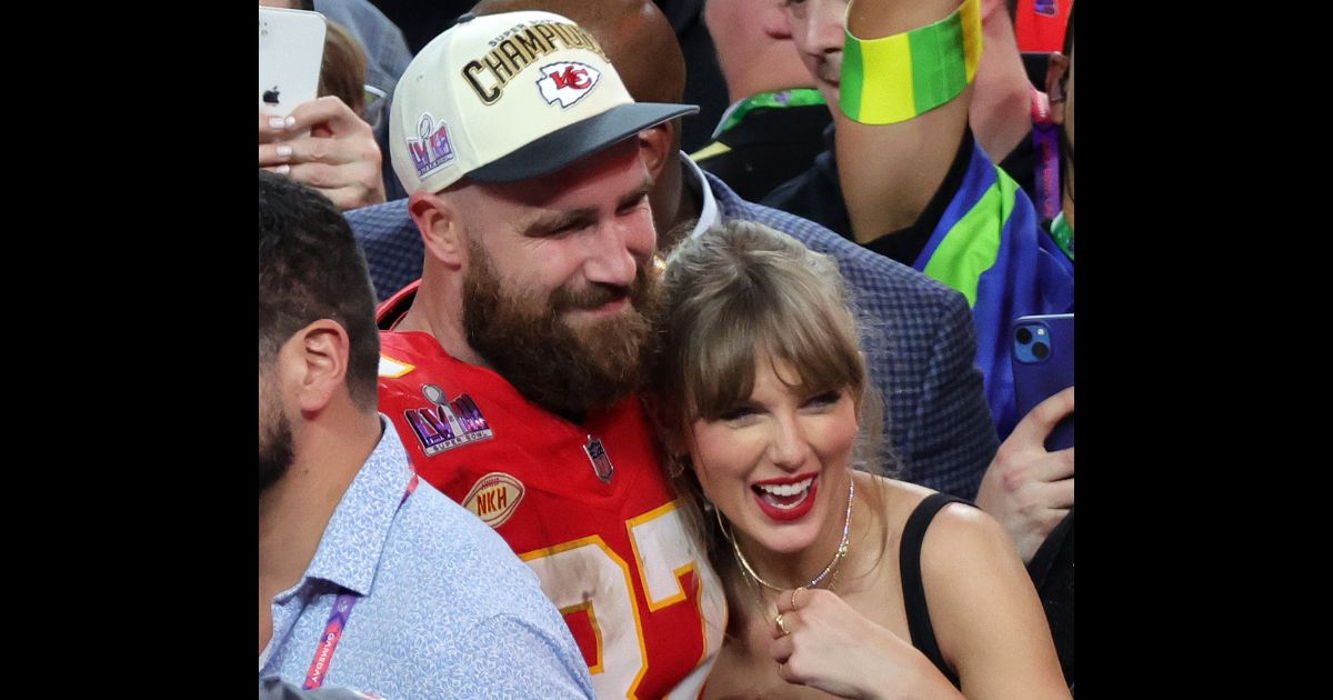 Travis Kelce celebrates with Taylor Swift after the Kansas City Chiefs defeated the San Francisco 49ers 25-22 in Super Bowl LVIII at Allegiant Stadium in Las Vegas on Feb. 11.