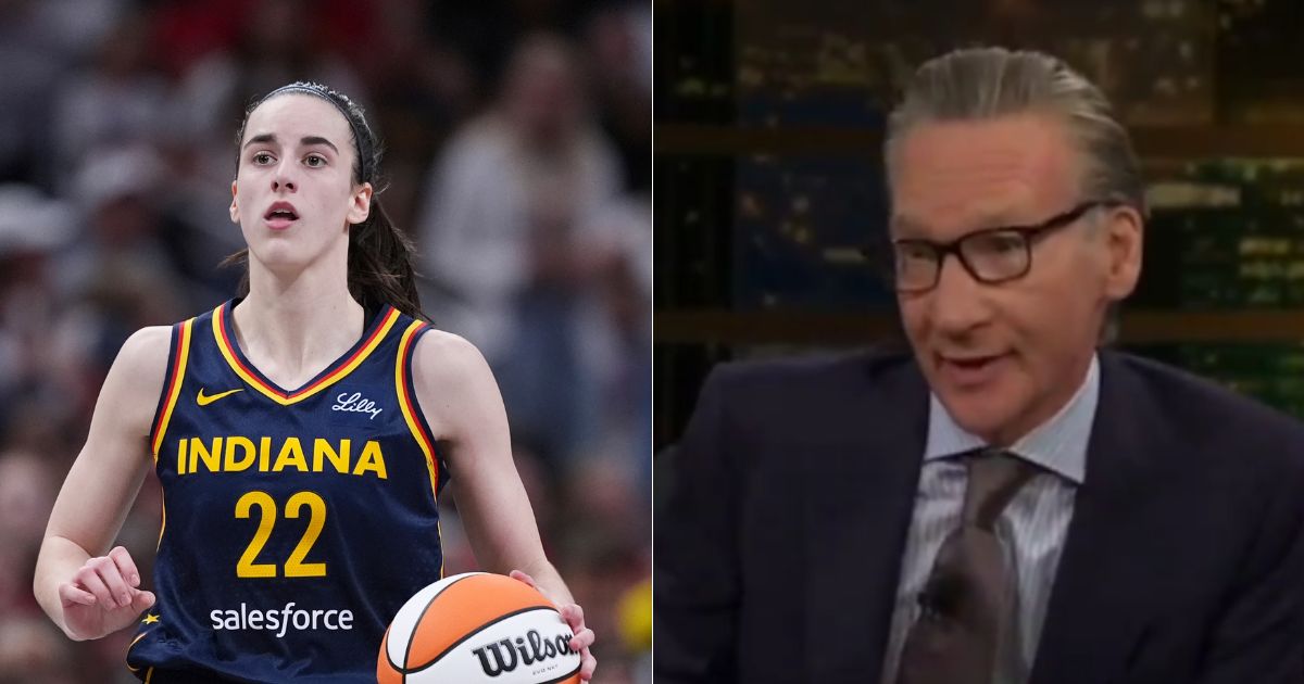 On Friday Bill Maher, right, weighed in on Caitlin Clark, left, in the WNBA, saying that she is being targeted for being a white, heterosexual woman in the league.