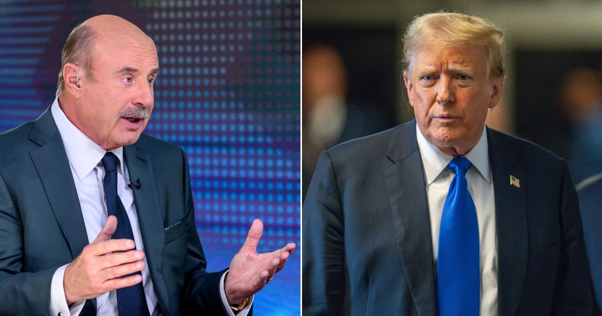 At left, Phil "Dr. Phil" McGraw visits "Jesse Watters Primetime" at the Fox News Channel Studios in New York on Feb. 26. At right, former President Donald Trump speaks to the media at Manhattan Criminal Court in New York on Thursday.