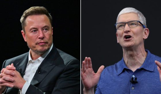 At left, Elon Musk speaks during his visit at the Vivatech technology startups and innovation fair at the Porte de Versailles exhibition center in Paris on June 16, 2023. At right, Apple CEO Tim Cook delivers remarks at the start of the Apple Worldwide Developers Conference in Cupertino, California, on Monday.