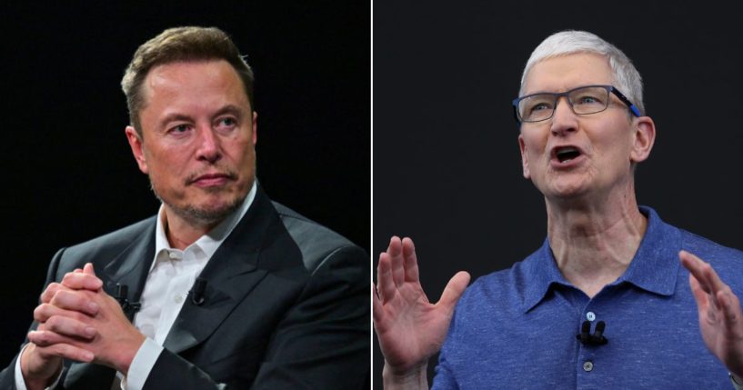 At left, Elon Musk speaks during his visit at the Vivatech technology startups and innovation fair at the Porte de Versailles exhibition center in Paris on June 16, 2023. At right, Apple CEO Tim Cook delivers remarks at the start of the Apple Worldwide Developers Conference in Cupertino, California, on Monday.