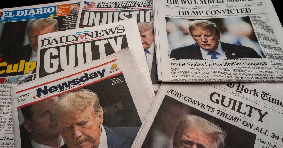 Headlines of newspapers in New York report on the May 30 guilty verdict for former President Donald Trump related to "hush money" payments.