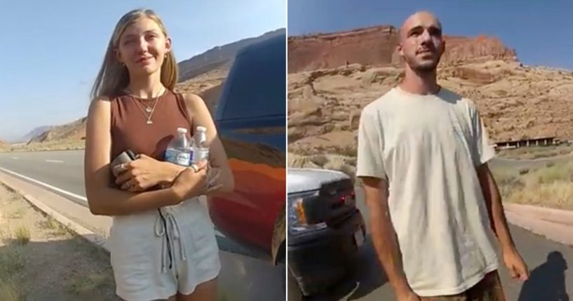 Gabrielle “Gabby” Petito, left, and Brian Laundrie are seen talking to an officer after police pulled over the van Laundrie was driving near the entrance to Arches National Park in Utah on Aug. 12, 2021.