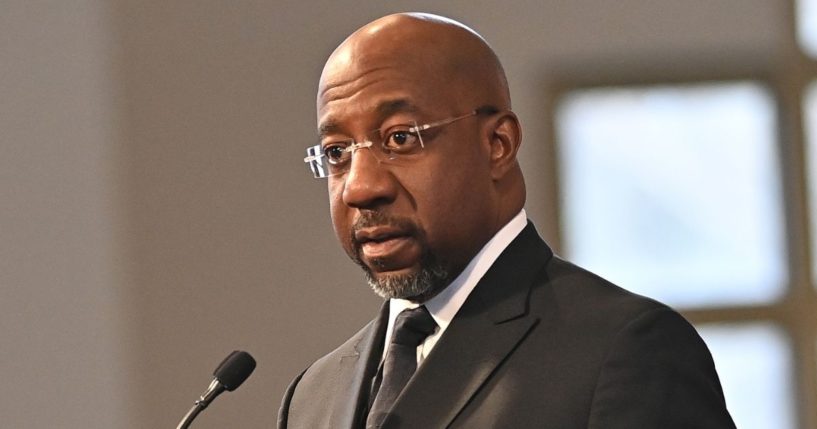 Sen. Raphael Warnock speaks onstage during the 2024 Martin Luther King, Jr. Beloved Community Commemorative Service at Ebenezer Baptist Church in Atlanta, Georgia, on Jan. 15.