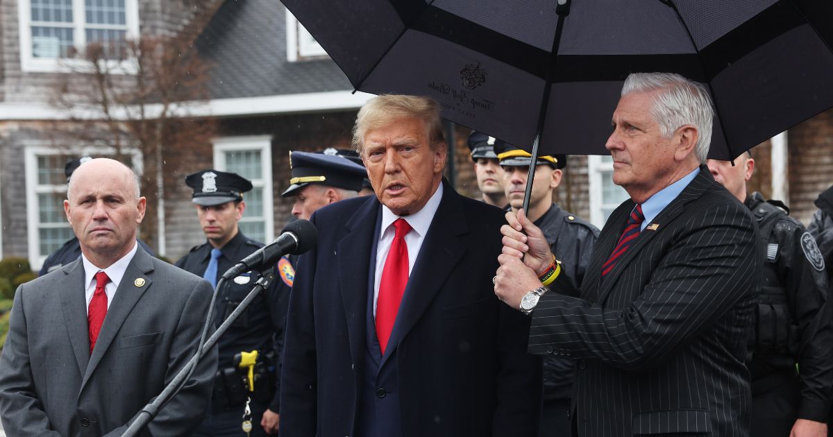 Former President Donald Trump speaks to the media after attending the wake of slain NYPD officer Jonathan Diller at the Massapequa Funeral Home on March 28, 2024, in Massapequa, New York.