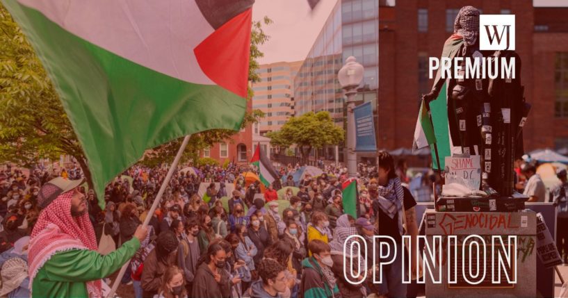 Students on the George Washington University campus in Washington, D.C., wave Palestinian flags during a protest, left. Student protesters on that campus also draped a Palestinian flag and wrapped a keffiyeh around a statue of George Washington, which was also vandalized by spray paint, right.