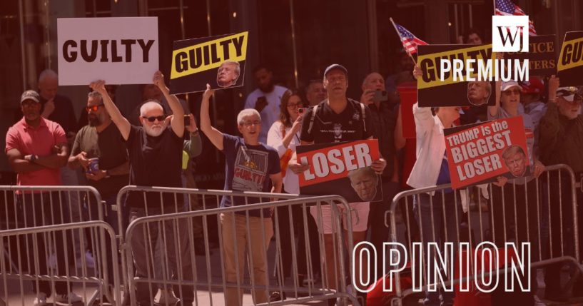 Anti-Trump protesters gather outside of Trump Tower in New York City before former President Donald Trump held a press conference following a guilty verdict in his New York criminal trial on May 31.