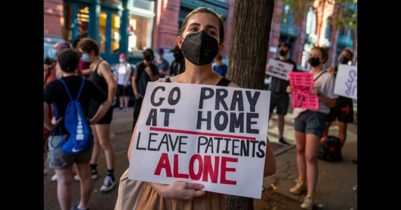 Pro-abortion rights protesters demonstrate outside of a Catholic church in downtown Manhattan on August 6, 2022 in New York City.