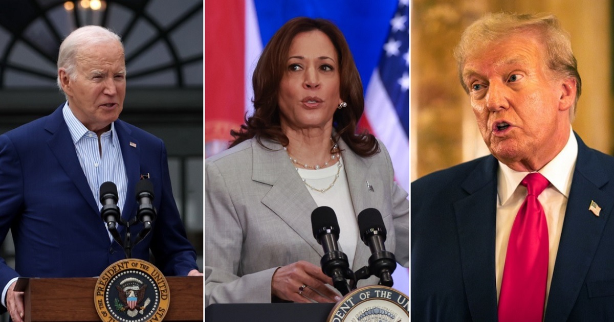 President Joe Biden, pictured left in a June 4 file photo; Vice President Kamala Harris, picture in a May 1 photo; and former President Donald Trump, right, speaking at a dinner Wednesday at the Mar-a-Lago Club in Palm Beach, Florida.