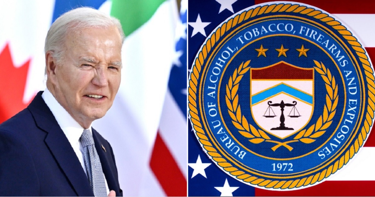 President Joe Biden, left, the seal of the Bureau of Alcohol, Tobacco and Firearms, right.