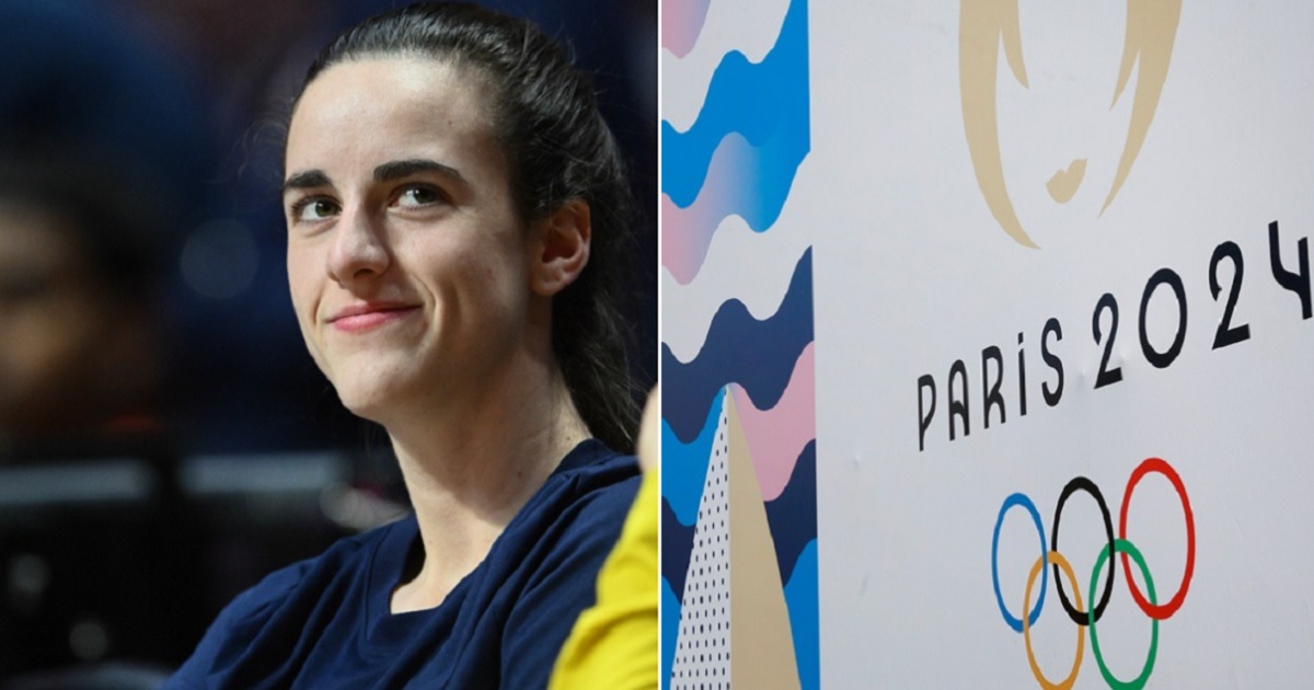 WNBA phenomenon Caitlin Clark, left; a Paris wall with a painting of the Paris Olympics logo, right.