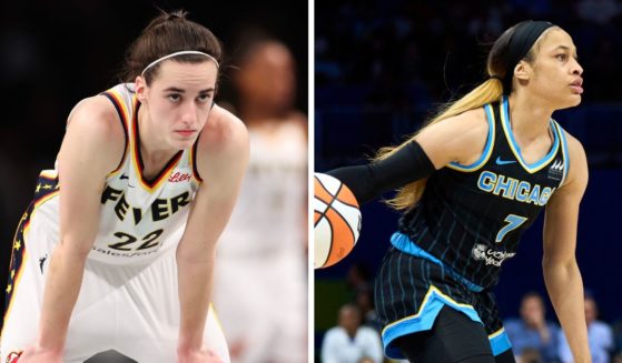 (L) Caitlin Clark #22 of the Indiana Fever looks on against the New York Liberty during the second half at Barclays Center on June 2, 2024 in New York City. (R) Chennedy Carter #7 of the Chicago Sky brings the ball up court against the Dallas Wings at the College Park Center on May 15, 2024 in Arlington, Texas.