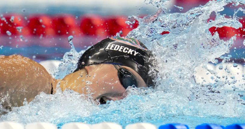 Katie Ledecky swims during the Women's 400 freestyle preliminaries Saturday at the U.S. Swimming Olympic Trials in Indianapoils.