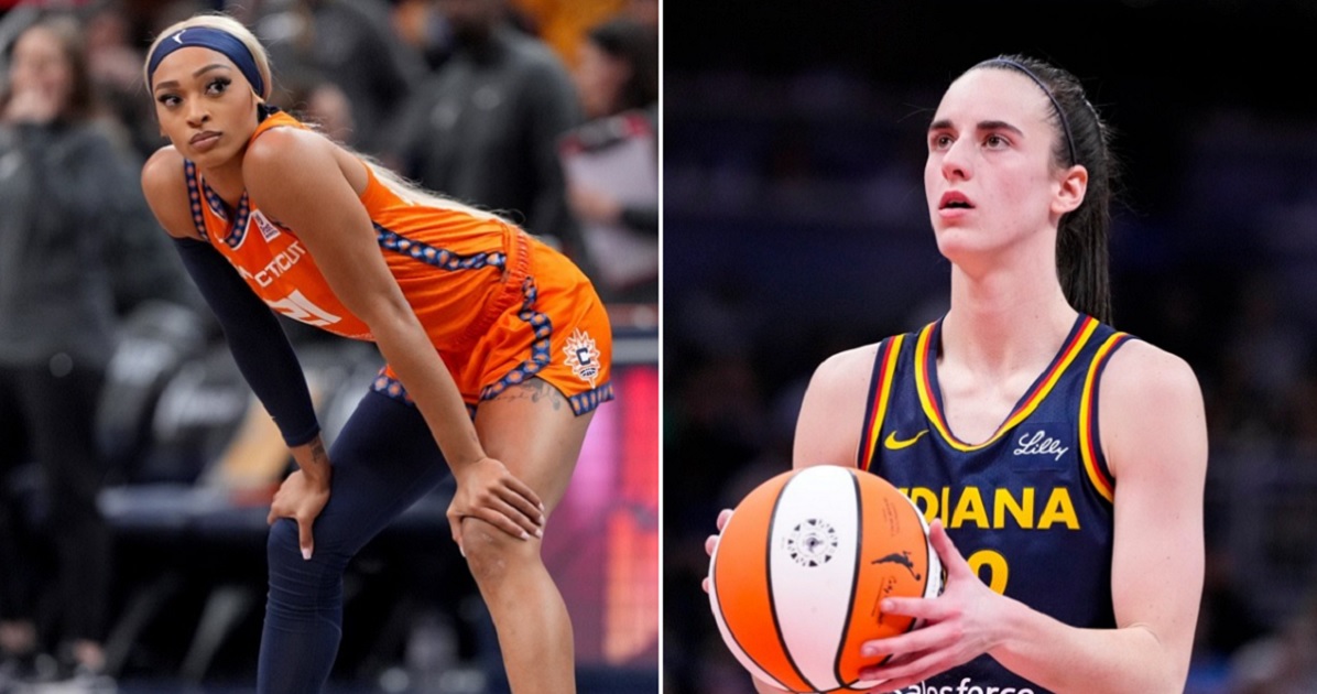 DiJonai Carrington, left, of the WNBA's Connecticut Sun, pictured in a May 20 file photo; Caitlin Clark, right, of the Indiana Fever.