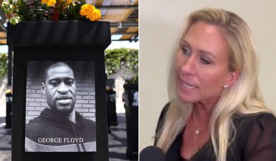 A photograph of George Floyd, left, is displayed at a memorial in San Diego, California, in July 2021; U.S. Rep. Marjorie Taylor Greene is pictured in a Monday interview in the Capitol, right.