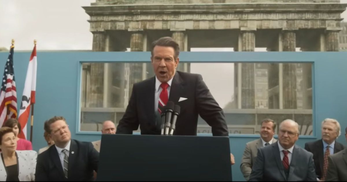 This YouTube screen shot shows a scene from the trailer for "Reagan," the upcoming Ronald Reagan biopic starring Dennis Quaid. The movie releases August 30, 2024.