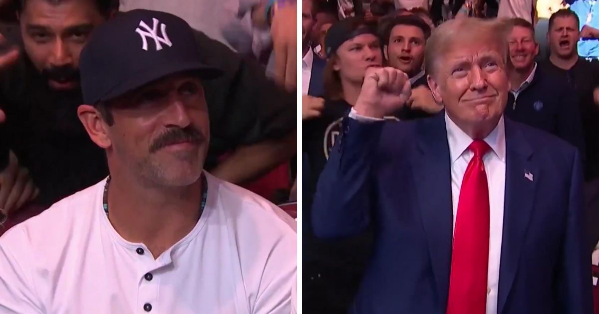 (L) This X screen shot shows New York Jets quarterback Aaron Rodgers while he was attending UFC 302 at the Prudential Center in Newark, NJ, on June 1, 2024. (R) This X screen shot shows former U.S. President Donald Trump attending the same event.