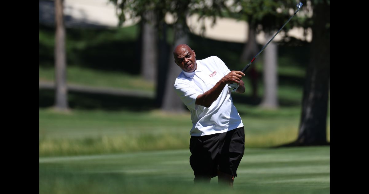 Sports analyst Charles Barkley plays his shot from the 14th fairway prior to the 2023 American Century Championship at Edgewood Tahoe Golf Course on July 13, 2023 in Stateline, Nevada.