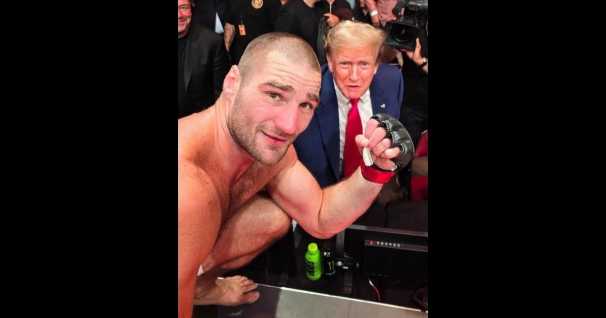 This X screen shot shows UFC middleweight Sean Strickland posing with former U.S. President Donald Trump at UFC 302 in Newark, NJ, on June 1, 2024.