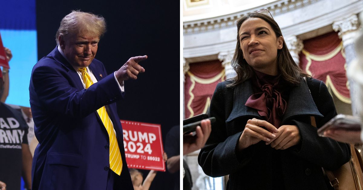 (L) Former U.S. President Donald Trump greets supporters during a Turning Point PAC town hall at Dream City Church on June 6, 2024 in Phoenix, Arizona. (R) Rep. Alexandria Ocasio-Cortez (D-NY) speaks to reporters in Statuary Hall at the U.S. Capitol on December 18, 2019 in Washington, DC.